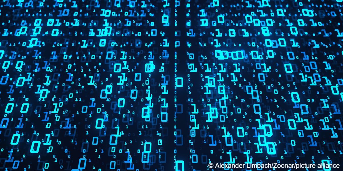 Illustration 3D sur fond bleu représentant des bits et des octets