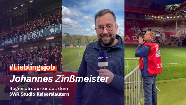 Das Bild zeigt der SWR Reporter Johannes Zinßmeister und einen Ausschnitt des Stadions des 1.
FCKaiserslautern. 