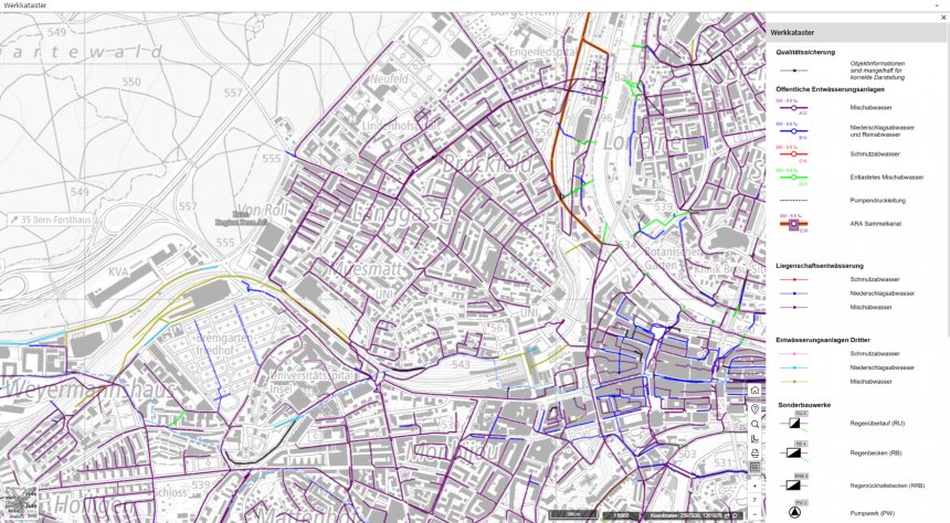Aperçu du futur cadastre numérique des conduites sur la PIE (données de la Ville de Berne)
